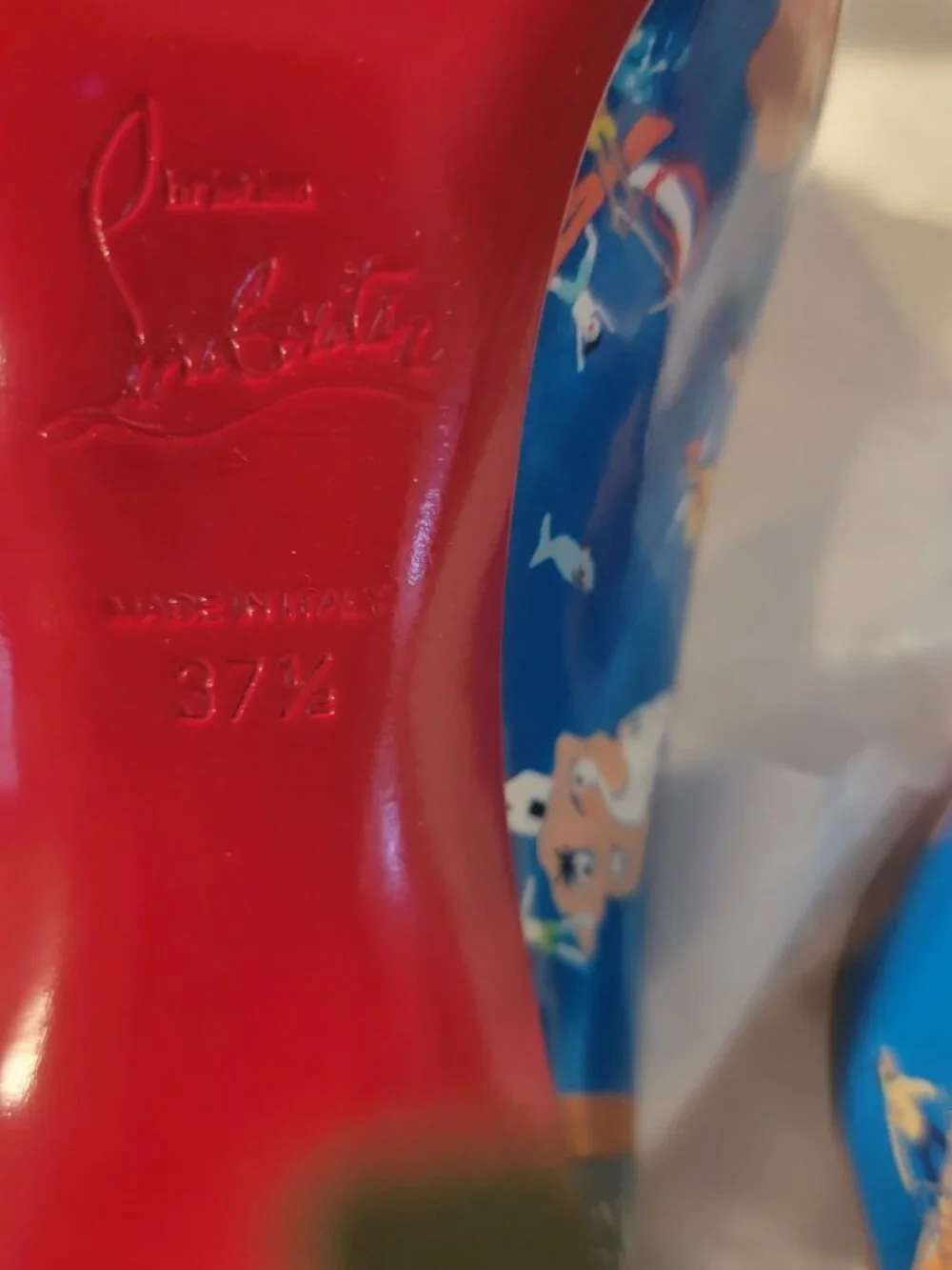 Louboutin Hot Chick.  The Print On Shoe Is The GREEK Islands.